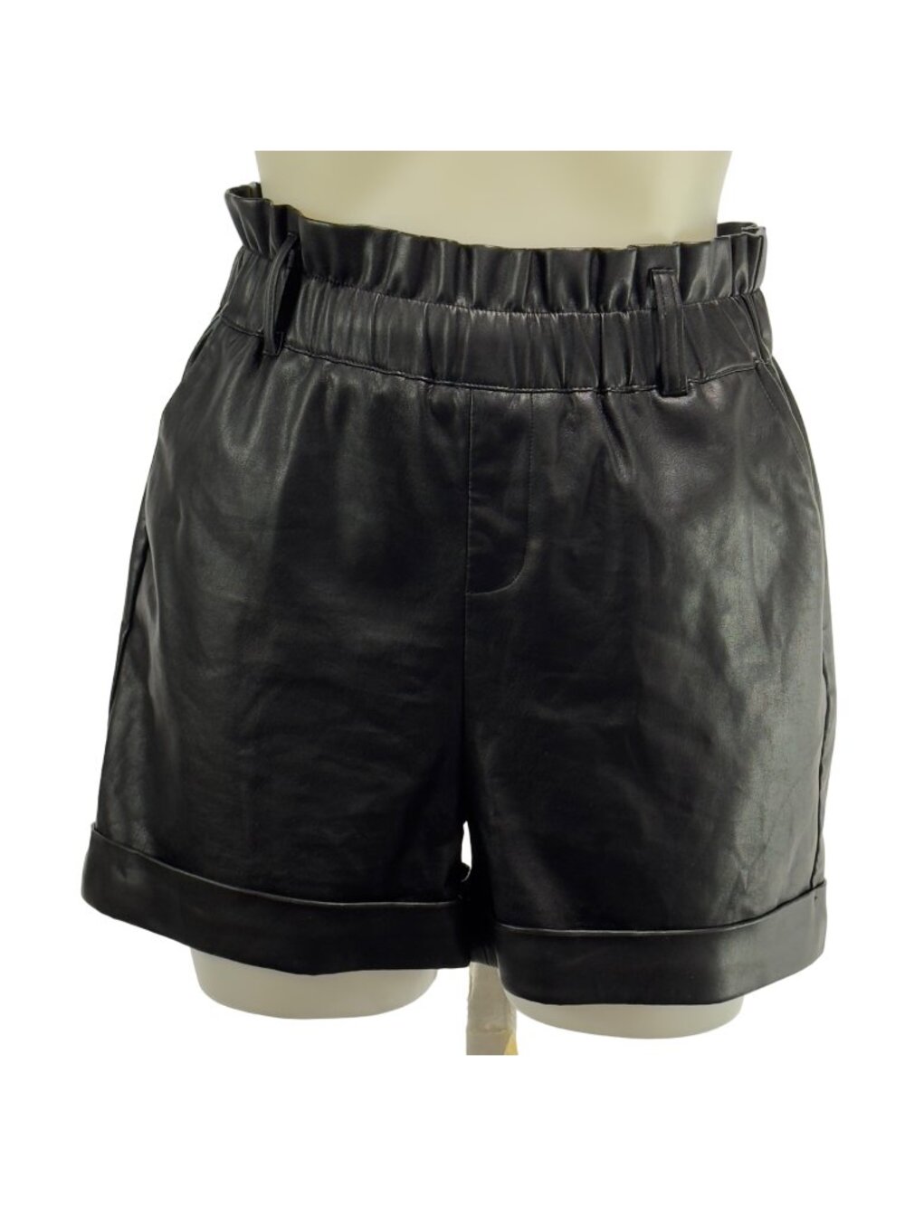 BAR III Women's Shorts Faux Leather Black Wide Waist Cuffed Legs Pockets Size S
